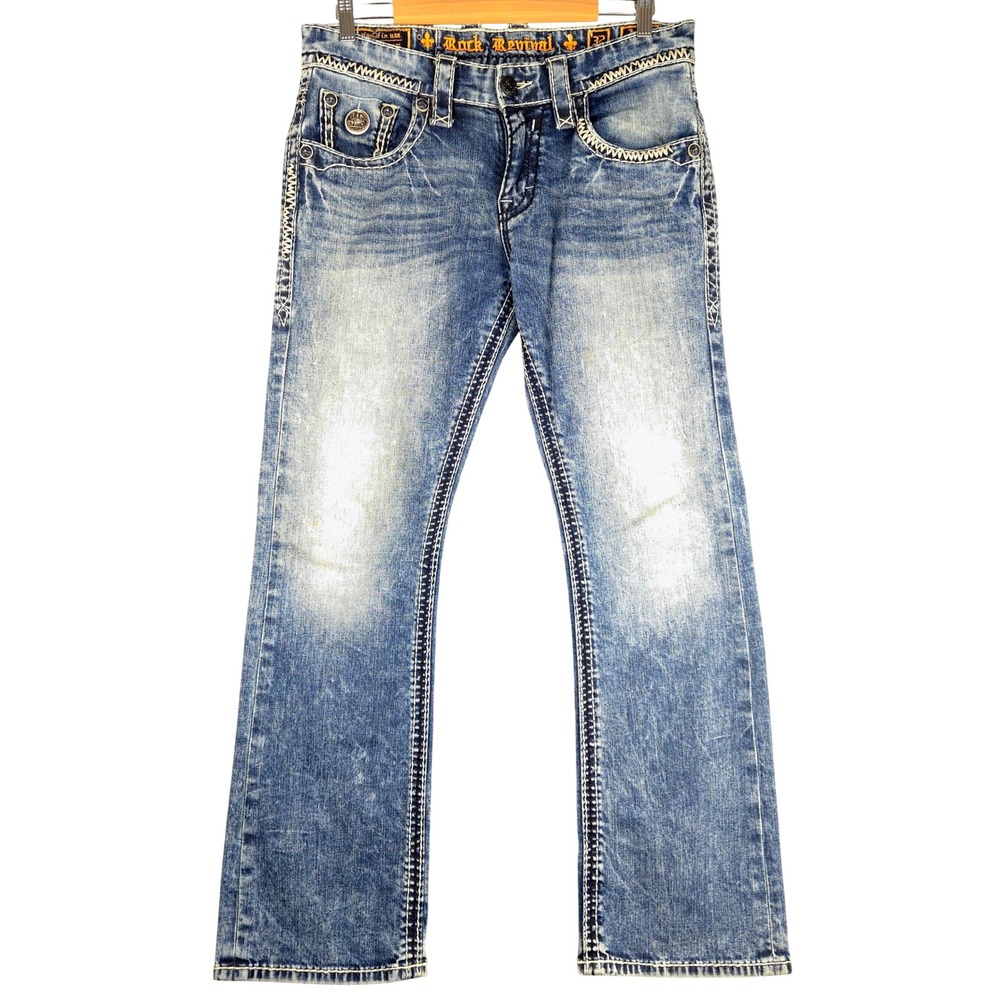 Rock Revival Juniper Slim Boot Jeans Mens Distressed Blue 32 (Fits 34x35)